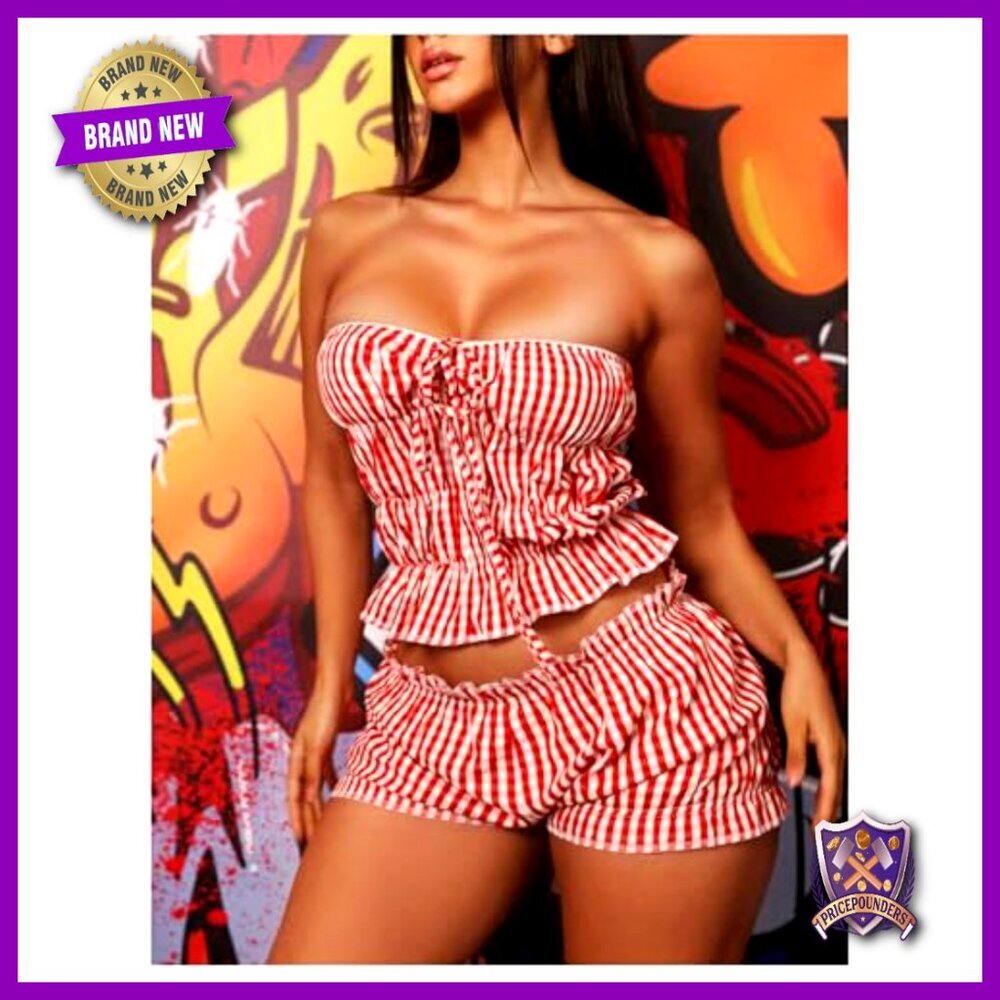 Plaid Gingham Ruffle Tube Top and Shorts Set Y2K Chic Party Outfit - Picture 3 of 6
